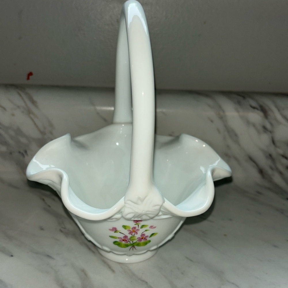 Vintage Fenton milk glass weave design basket hand painted by J Stevens